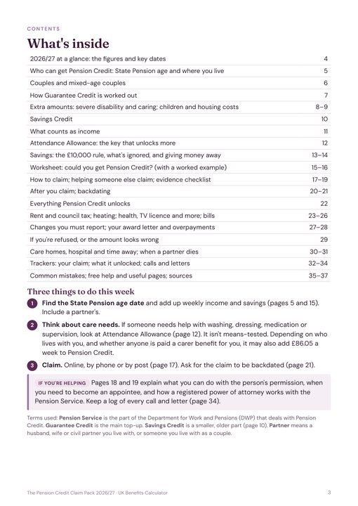 Contents page listing everything in the pack and three things to do this week