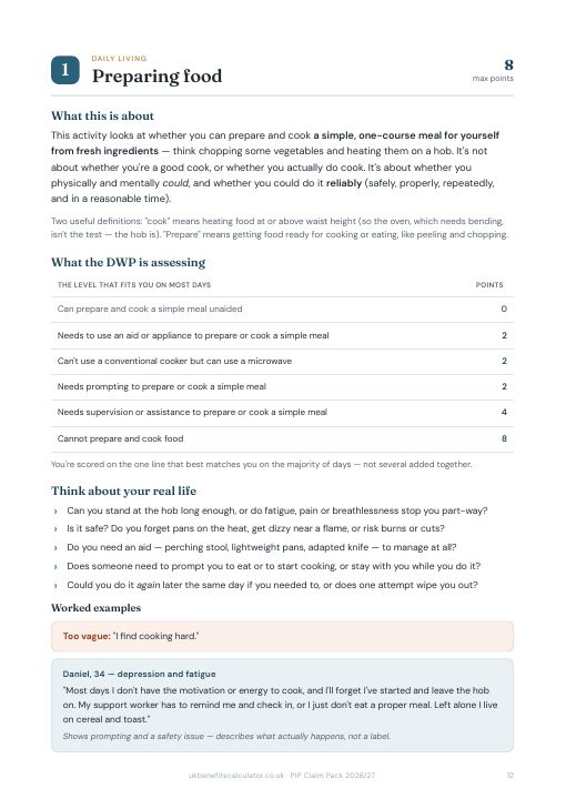Preparing food activity page showing what the activity assesses, the descriptor and points table, questions to think about and a fictional worked example